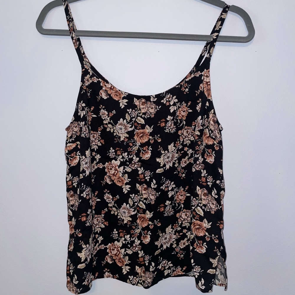 Black Forever 21 Flowy Tank Top with Pink and White Floral Pattern